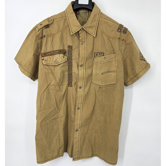 FUSAI Jeans Military Shirt Mens XXL Brown Short Sleeve Utility Pockets Epaulette - Picture 2 of 8